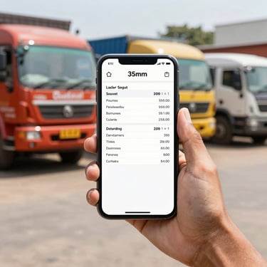 Crisp mobile app photography of a hand holding a smartphone displaying a digital lorry receipt, bright daylight, realistic Indian transport yard setting with trucks in the background, sharp focus, 35mm