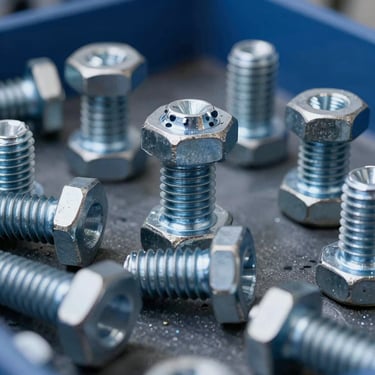 Macro sharp industrial photography of heavy-duty steel bolts and fasteners, steel gray tones, high contrast, 35mm