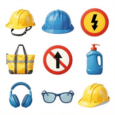 Macro sharp industrial photography of certified safety helmets and protective eyewear on steel shelf, high contrast, 35mm