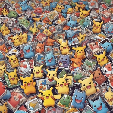 A Poke Ball centerpiece surrounded by a circular fan of holographic Pokemon trading cards on a wooden table.