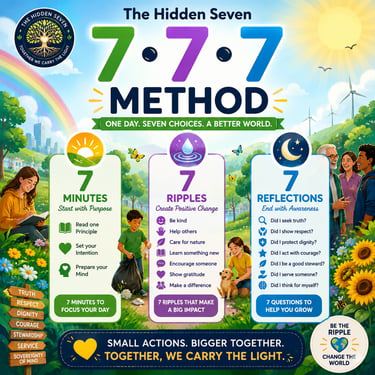 Infographic of The Hidden Seven 7-7-7 Method for mindfulness featuring 7 minutes, 7 ripples, and 7 reflections.