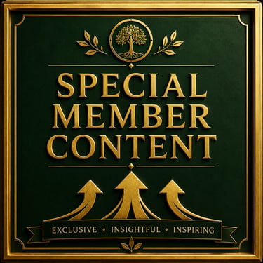 Elegant gold embossed Special Member Content sign on dark green leather with a tree logo.