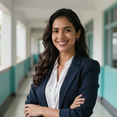 A portrait of a confident South American / Brazilian woman in professional attire, smiling warmly in a modern school corridor. Natural lighting, soft depth of field, teal and white background tones.