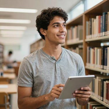 A portrait of a young South American / Brazilian man holding a tablet, looking optimistic in a brightly lit modern library. Educational and dynamic atmosphere.