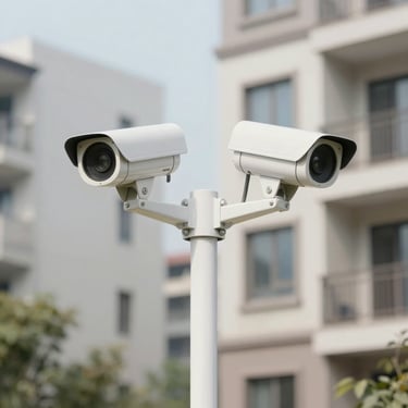 Modern security camera mounted on a building exterior at dusk.