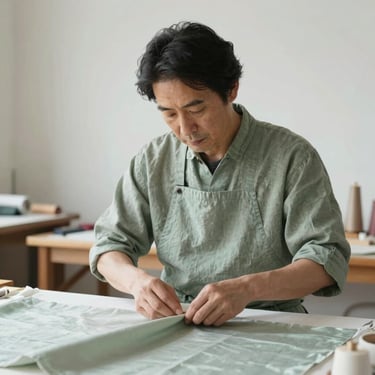 A portrait of a Japanese artisan in a soft sage green linen apron, working delicately with silk fabric in a bright, minimalist studio. The focus is on the calm expression and the craftsmanship.