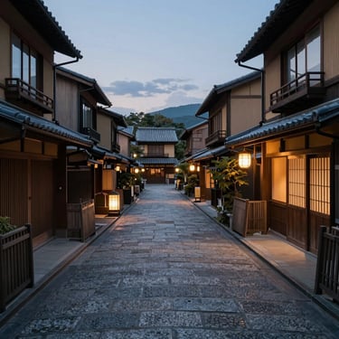 A cinematic shot of a stone-paved Kyoto street in the Gion district at twilight, with soft warm lights glowing from traditional teahouses. The color palette is dark slate and cream.