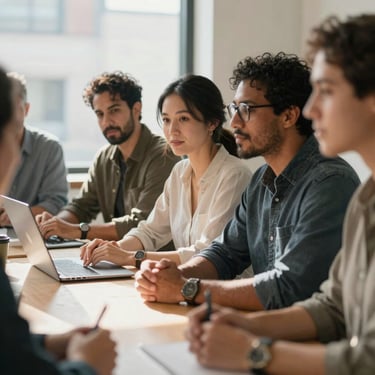 A close-up of community leaders collaborating around a table in a brightly lit Atlanta workspace, natural daylight, soft shadows, candid focus.