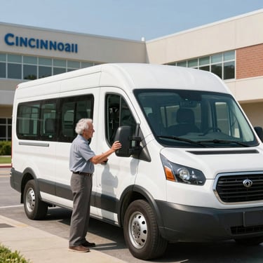 Bright, clear daylight shot of a modern white transit vehicle parked outside a clean Cincinnati medical facility, professional driver assisting a senior passenger, natural lighting.