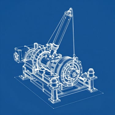 Detailed industrial engineering blueprint showing a 3D wireframe model of mechanical machinery on a blue background.