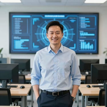 Professional portrait of a male teacher, smiling, computer lab background, cool digital screen glow.