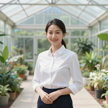 Professional portrait of a female teacher, smiling, greenhouse or garden background, bright natural daylight.