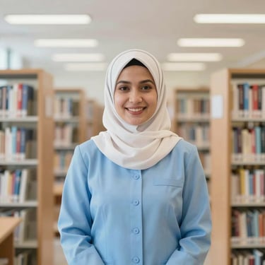 Professional portrait of a female teacher wearing a hijab and uniform, smiling, modern library background, soft warm lighting.