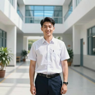Professional portrait of a male teacher in a clean uniform, smiling, modern school hallway background, bright natural daylight.