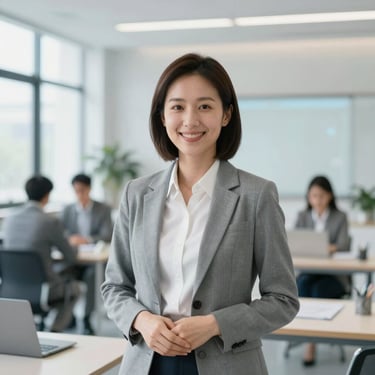 Professional portrait of a female teacher, smiling, warm guidance counselor office background, soft lighting.