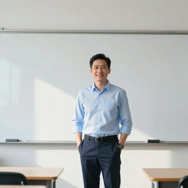 Professional portrait of a male teacher, smiling, modern classroom with whiteboard background, bright daylight.