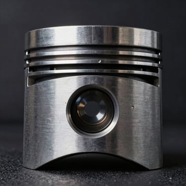 Extreme close-up of a forged steel engine piston, dark textured industrial background, dramatic side-lighting highlighting metal grain.