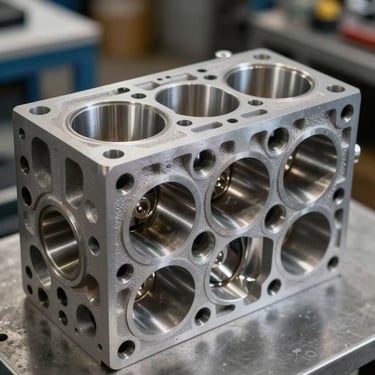 Precision cylinder head casting, showing clean valve ports and metallic texture, side-lit