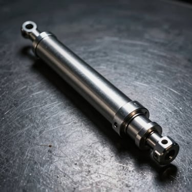 Studio close-up of a heavy-duty hydraulic shock absorber, isolated on a dark metallic surface, dramatic lighting on the polished steel shaft.