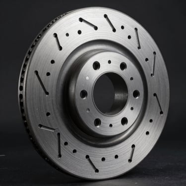 Slotted steel brake rotor with high-contrast metallic textures, dramatic studio lighting, dark background.