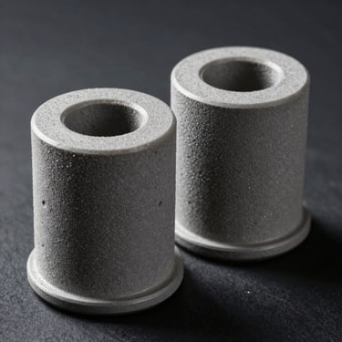 High-density polyurethane bushings and silentblocks, clean profile, dramatic side-lighting showing the dense material texture.