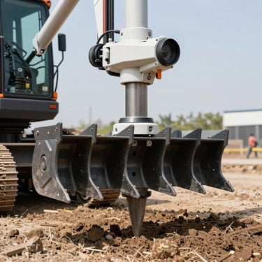 Sharp commercial photo of a robust earth auger drill on soil, bright daylight, high-contrast industrial setting, realistic 35mm lens
