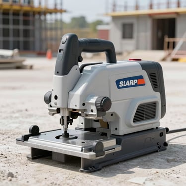 Sharp commercial photo of a professional concrete saw machine on a clean construction site, bright daylight, realistic 35mm lens