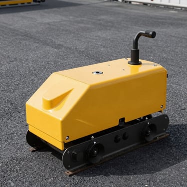 Sharp commercial photo of a yellow vibratory plate compactor on fresh asphalt, high-contrast industrial setting, realistic 35mm lens