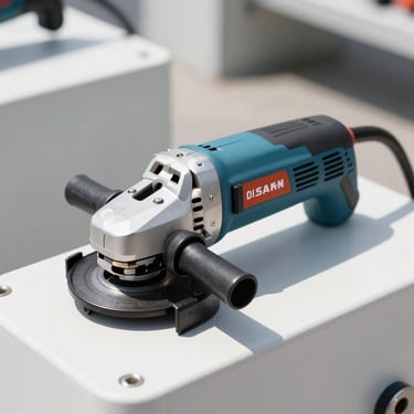 Sharp commercial photo of an electric angle grinder tool, bright daylight, high-contrast industrial setting, realistic 35mm lens