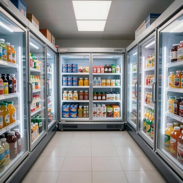 Wide angle of a commercial freezer interior with organized product rows in labeled boxes, cool white lighting, straight-on view