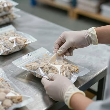 Hands in food-safe gloves inspecting sealed product packaging on a warehouse bench under neutral overhead lighting, clean industrial setting