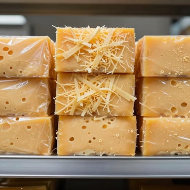 Close-up of stacked shredded cheese packaging blocks on a commercial kitchen shelf, neutral daylight, straight-on product framing