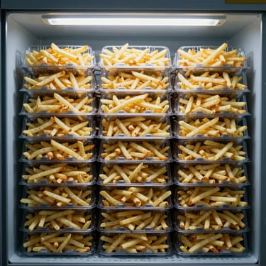 Overhead view of stacked frozen french fry cartons in a commercial cold storage unit, cool fluorescent lighting, straight-on framing, no styling