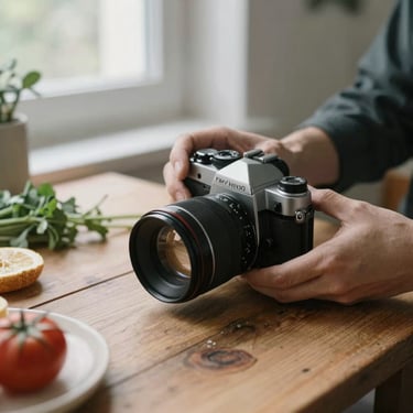 A photographer adjusting a 35mm film camera lens over a rustic wooden table with fresh ingredients, soft natural daylight.