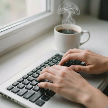 A writer's hands typing on a vintage keyboard next to a steaming mug of black coffee, soft natural daylight, tactile textures.
