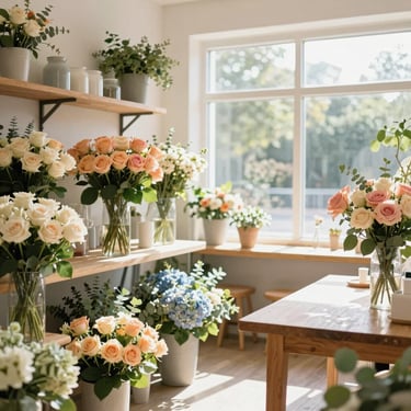 Bright and airy florist workshop interior with shelves of fresh cut roses, hydrangeas, and eucalyptus, warm morning daylight streaming through a large glass window, clean wooden tables.