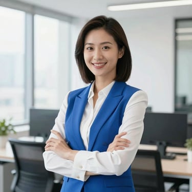 Professional corporate portrait of a female executive in a bright, modern office, natural daylight, confident smile, professional attire, 35mm