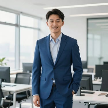 Professional corporate portrait of a male executive in a bright, modern office, natural daylight, confident smile, clean blue suit, 35mm