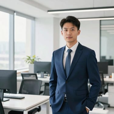 Professional corporate portrait of a male operations director in a bright modern workspace, daylight, professional attire, 35mm