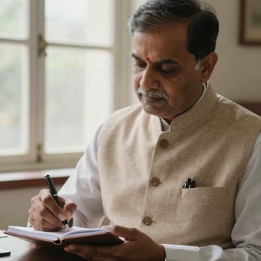 A close-up of a mature Indian professional in a simple Nehru jacket, writing notes in a ledger under soft natural window light.