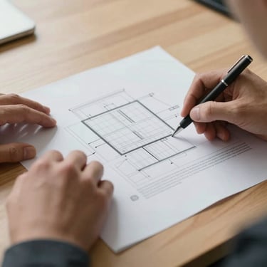 A close-up of hands reviewing a structured professional blueprint on a clean wooden desk with soft daylight.