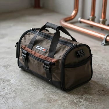 Artisan tool bag resting on a clean concrete floor next to copper pipes, professional heating installation setup, natural light