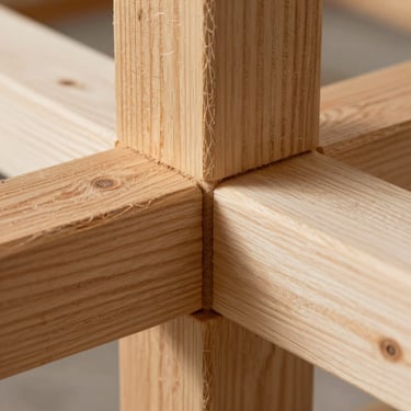 Tight macro close-up of a perfectly interlocking heavy timber joint, showing raw wood grain and precise structural engineering.