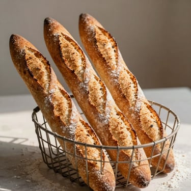 Three golden French baguettes leaning in a wire basket, flour dusted on their sharp grignes, warm morning light.