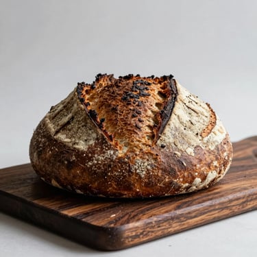 A round country loaf of bread resting on a dark wooden board, showing its open crumb structure and thick dark crust.