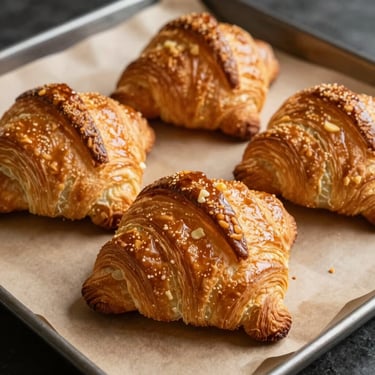 Flaky, golden croissants fresh out of the oven, resting on brown greaseproof paper, showing rich buttery layers.