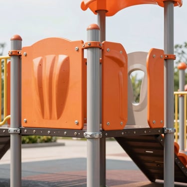 Close-up of a heavy-duty outdoor playground structure with galvanized steel joints and bright orange accents, daytime.