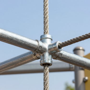 Macro shot of a heavy-duty commercial outdoor playground structure, focusing on a galvanized steel joint and double-braided climbing rope, bright natural daylight