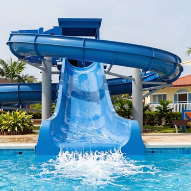 A commercial water slide installation at a resort, bright blue water splashing, high-contrast daylight.