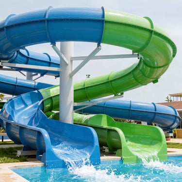 Bright commercial water slide structure with blue and green fiberglass chutes, water splashing under bright sun